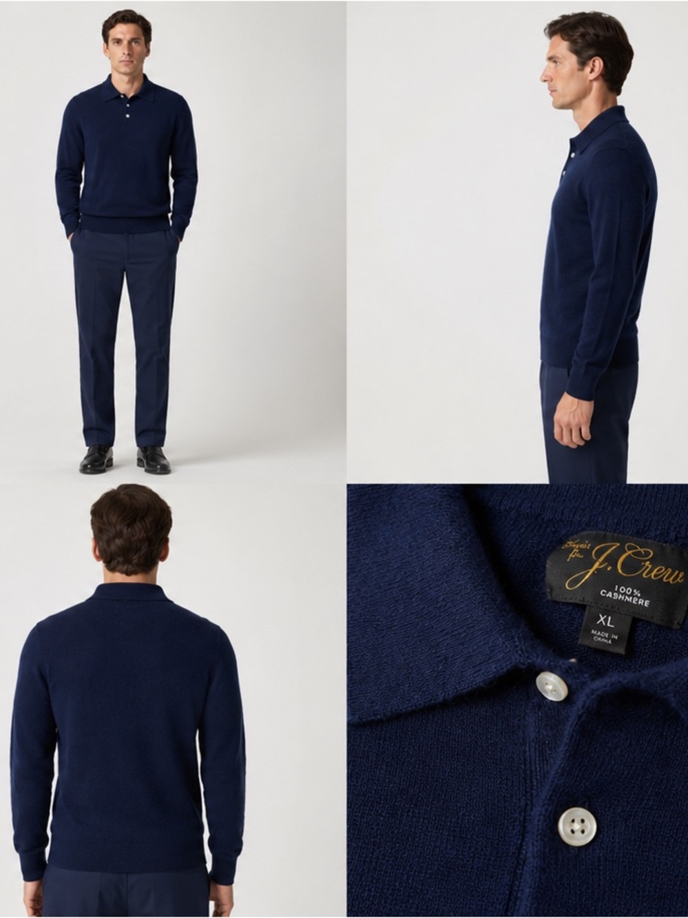 Vintage J.Crew 100% Cashmere Sweater Polo Mens XL Navy Blue Long Sleeve Collared